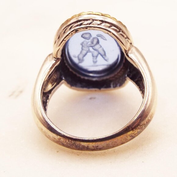 FLLI MENEGATTI 925 -18K VENETIAN BLUE GLASS INTAGLIO OF PUTTI & DOG SZ.7 RING 18 - Picture 4 of 6